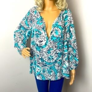 Lilly Pulitzer 100% Silk Blouse | Bohemian V-Neck | Elastic Neck & Wrist